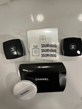 CHANEL 2 empty le lift eye cream jars, coco forever temp tattoos powder poof